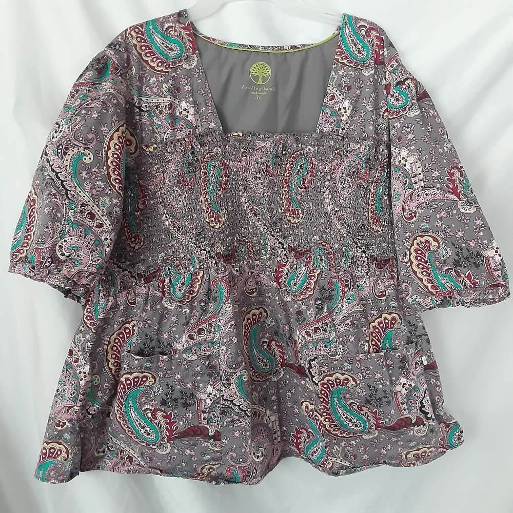 HEALING HANDS GREY/PAISLEY MULTI COLOR SMOCKED SCRUB TOP COTTON #5011X WMS 3XL